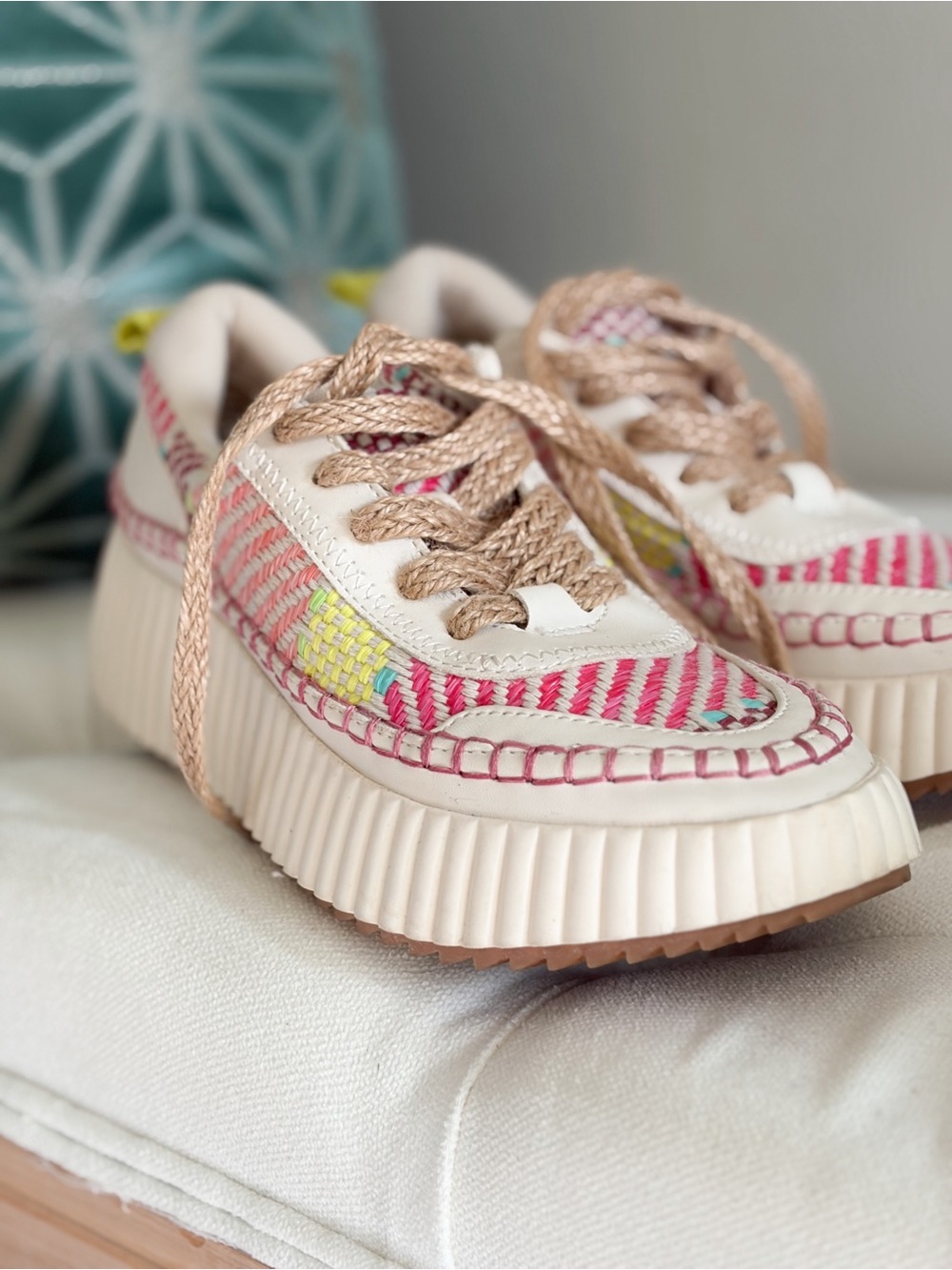 Dolce Vita Kids Pink Multicolor Woven Jute rope Lace-Up Sneakers- 7m - Picture 7 of 7
